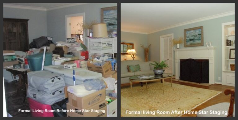 Before and after comparison of a formal living room, showing cluttered space on the left and a clean, staged room on the right, highlighting staging benefits.