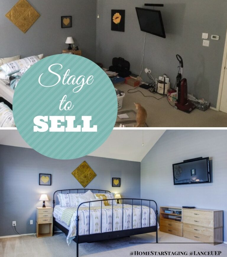 Before-and-after transformation of a bedroom, showcasing effective home staging. The staged room is clean, organized, and inviting, enhancing its appeal for potential buyers.
